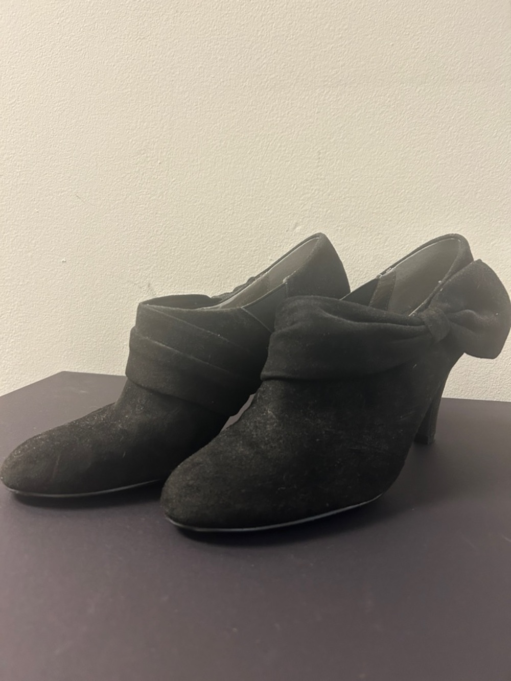 Tahari Black Suede Heel Booties with Side Bow